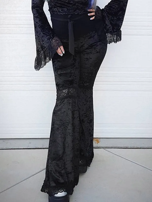 Lace Paneled Velvet Flare Pants