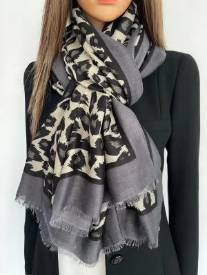 LARGE GREY STRIPE LEOPARD PRINT SHAWL SCARF