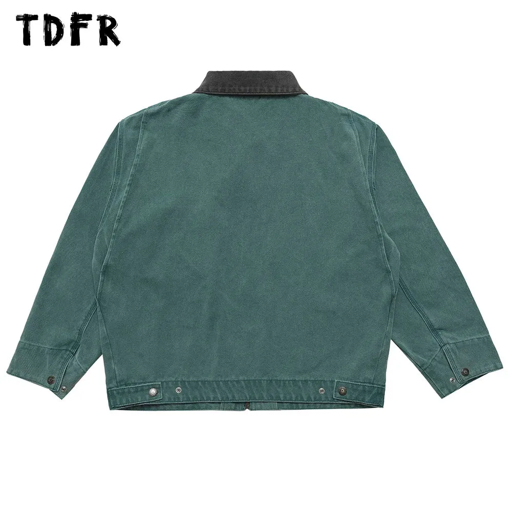 Letter Embroidery Cargo Jacket Mens Retro Casual Loose Lapel Spliced Outerwear