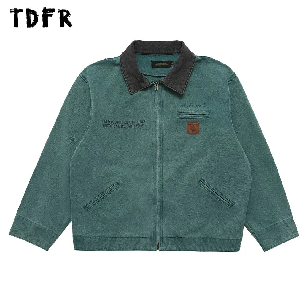 Letter Embroidery Cargo Jacket Mens Retro Casual Loose Lapel Spliced Outerwear