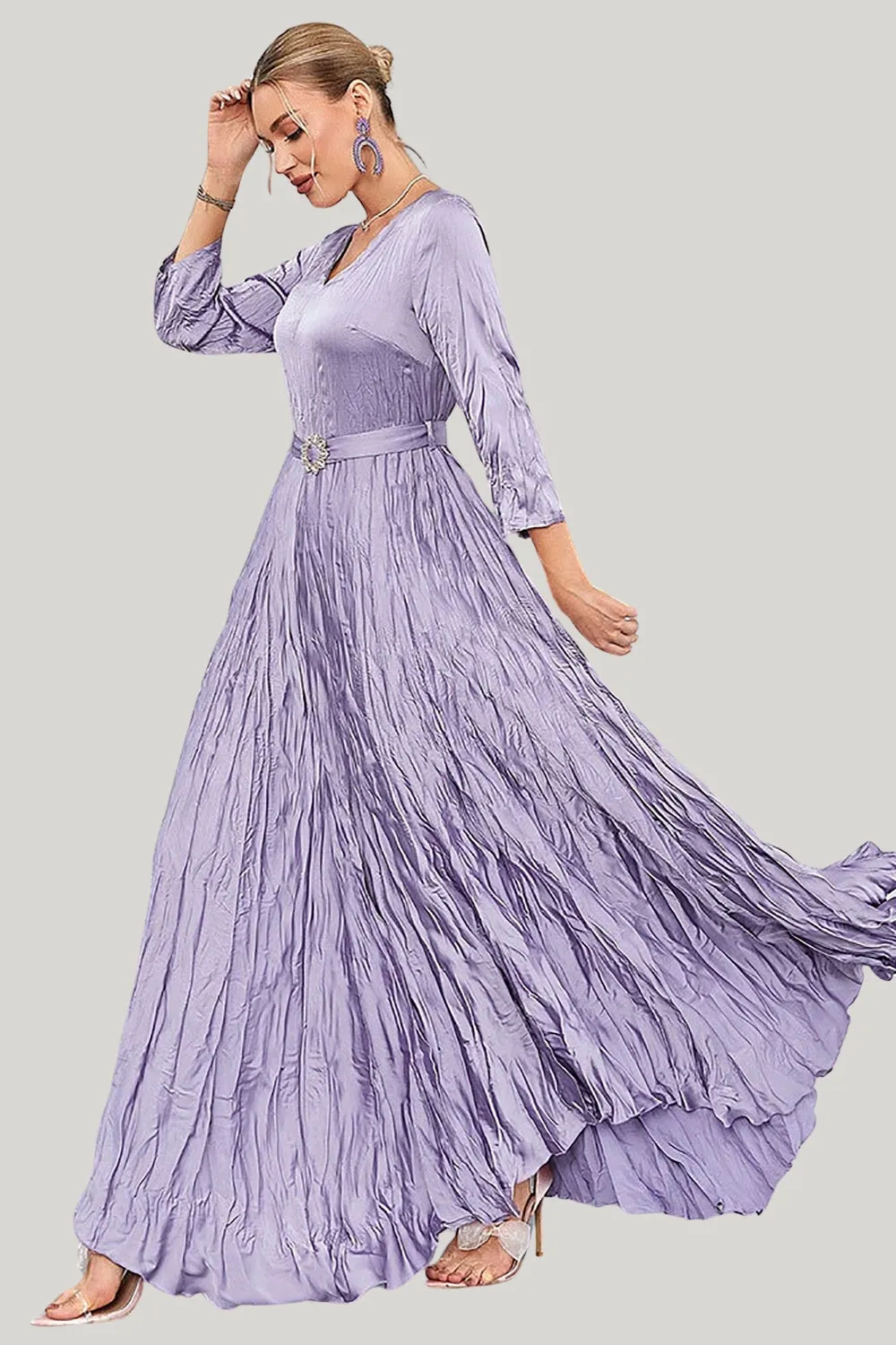 Lilac Pleated A Line Long Sleeves Maxi Dress