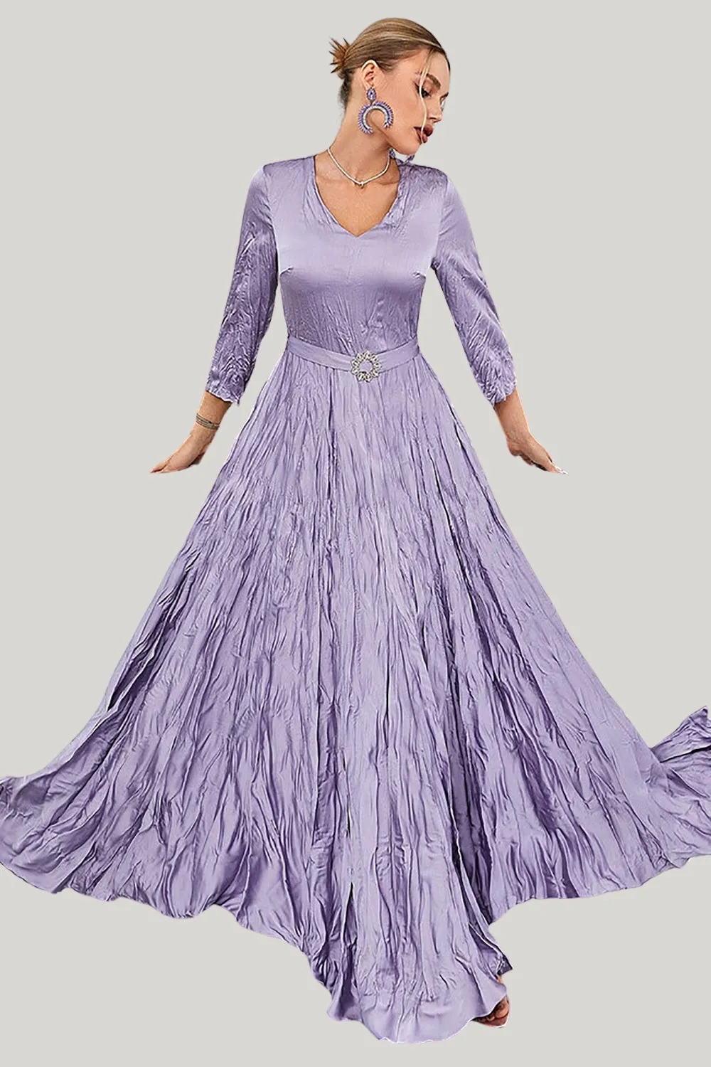 Lilac Pleated A Line Long Sleeves Maxi Dress