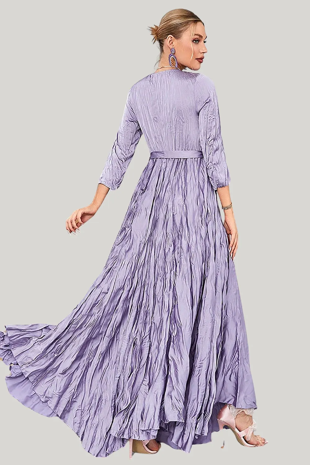 Lilac Pleated A Line Long Sleeves Maxi Dress