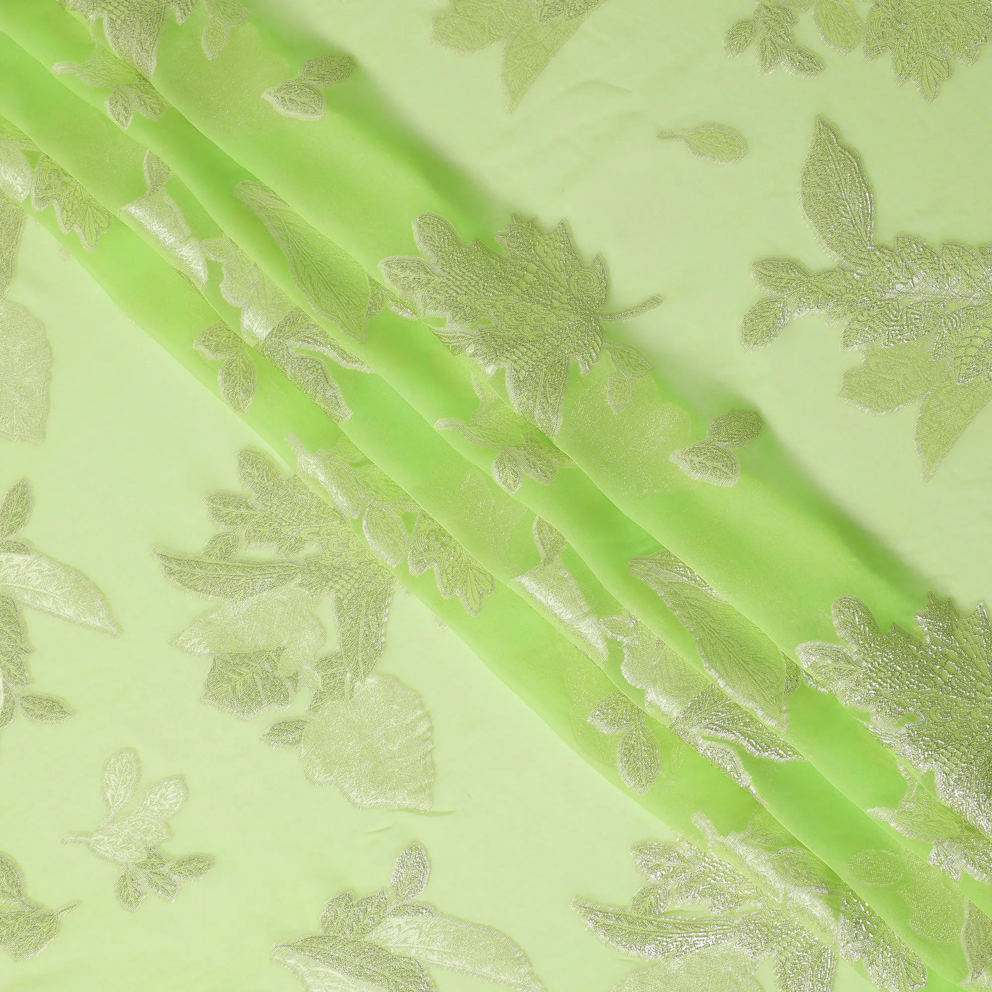 Lime Lustre Silk Chiffon Fabric with Silver Lurex, 110cm Wide â€“ Vivid & Shimmering Textile-D18387