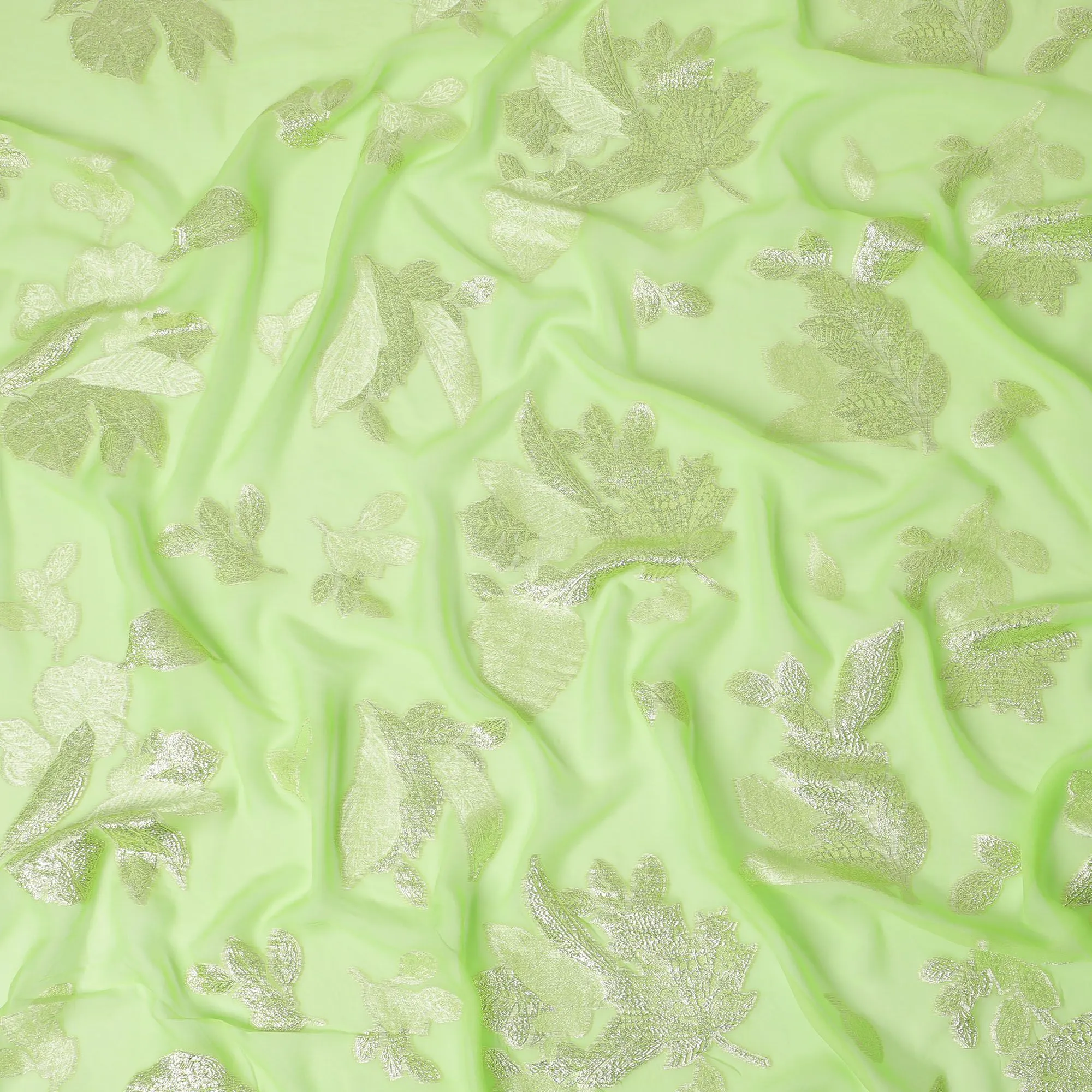 Lime Lustre Silk Chiffon Fabric with Silver Lurex, 110cm Wide â€“ Vivid & Shimmering Textile-D18387