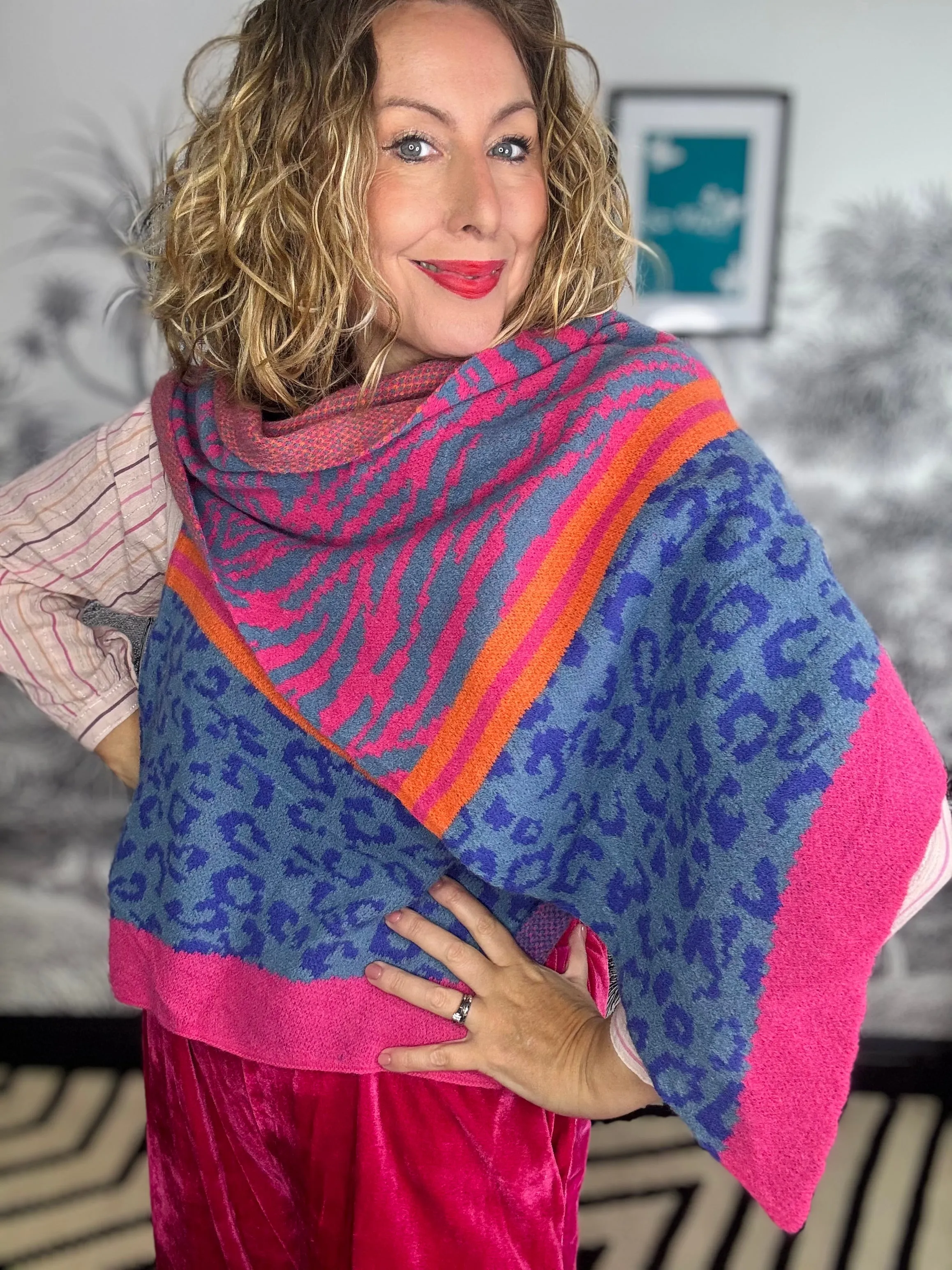 Maggie Tiger Leopard Blanket Scarf in Pink/Blue