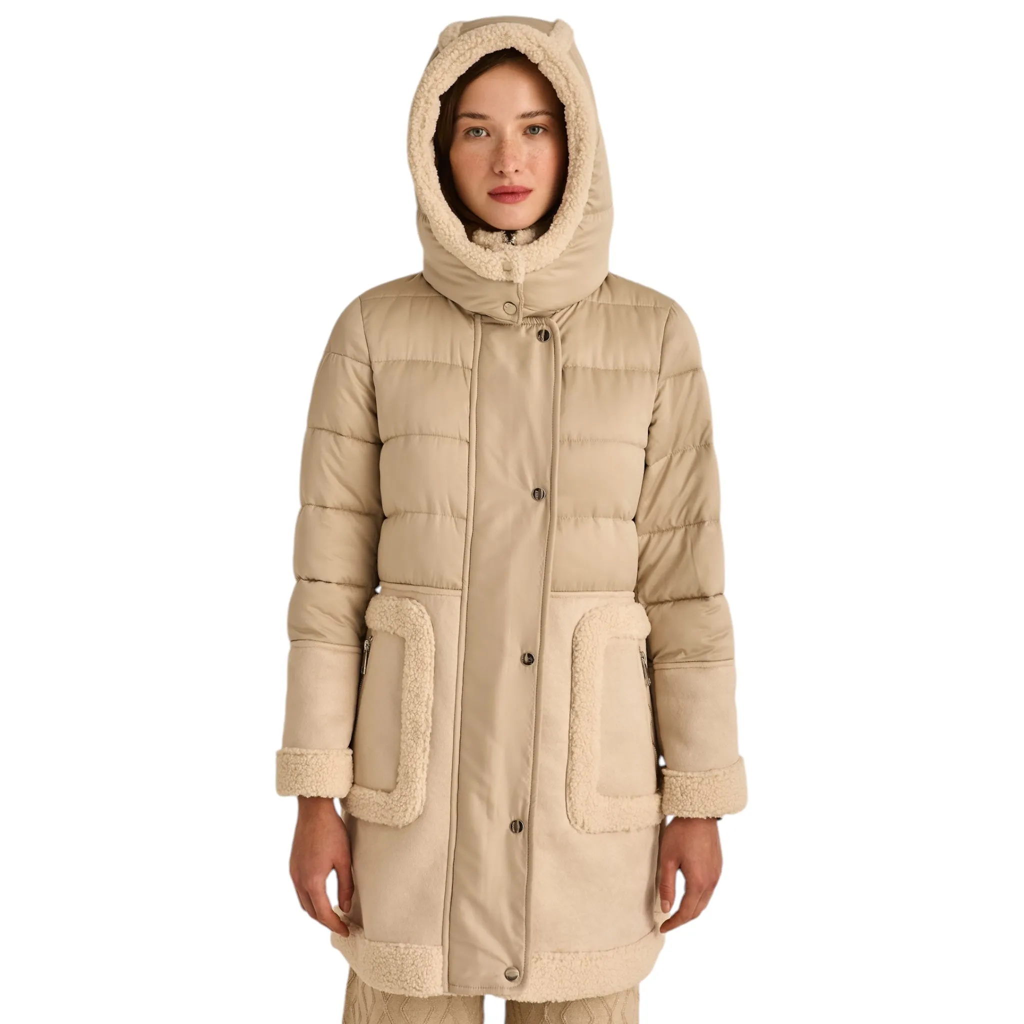 Marina V Faux Fur Trim Coat Beige