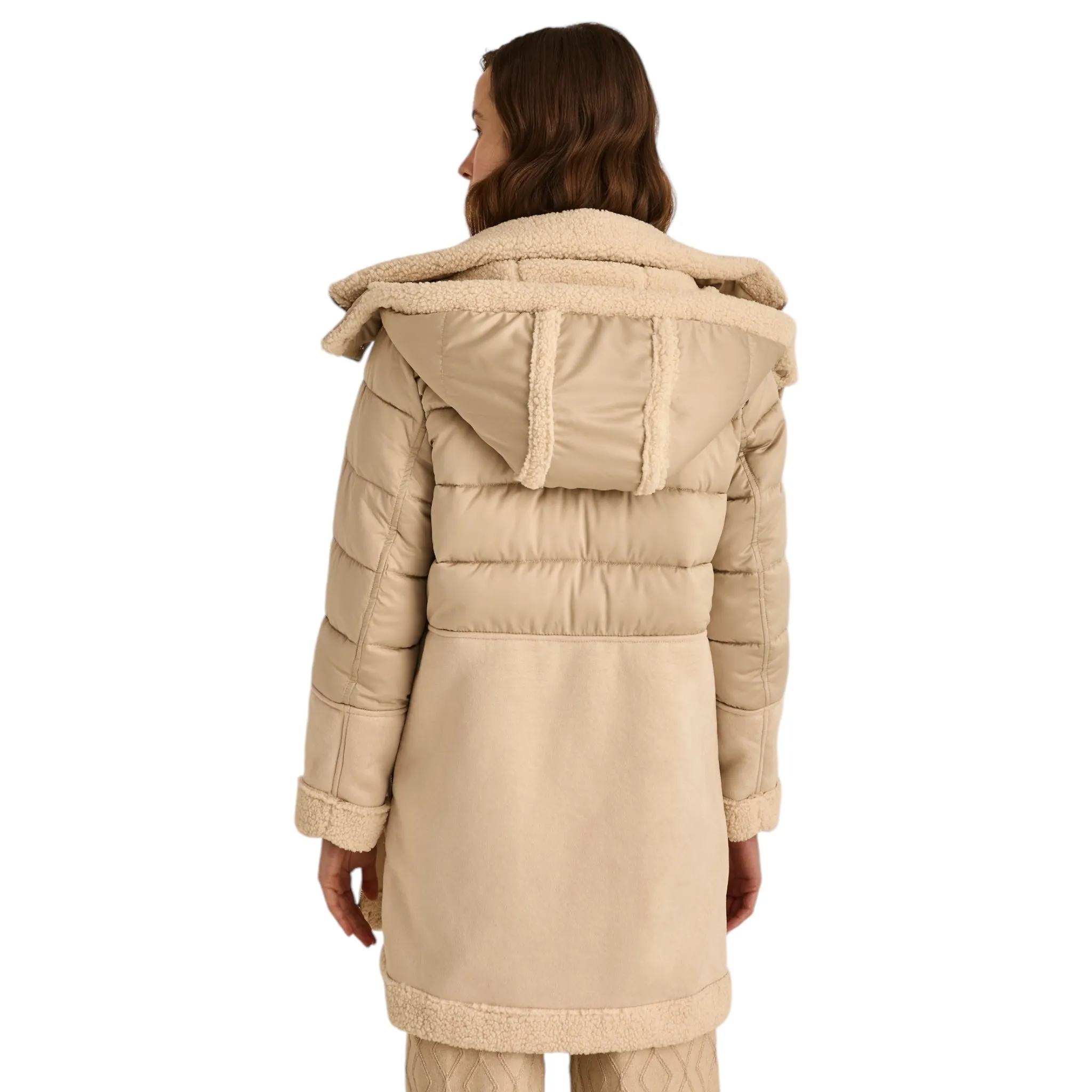 Marina V Faux Fur Trim Coat Beige