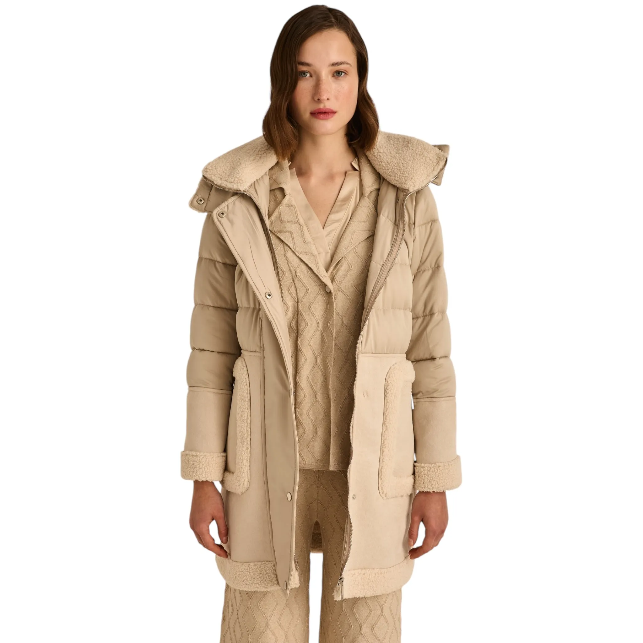 Marina V Faux Fur Trim Coat Beige