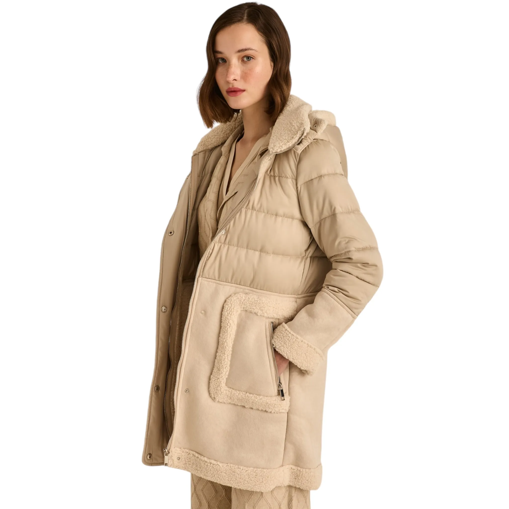 Marina V Faux Fur Trim Coat Beige