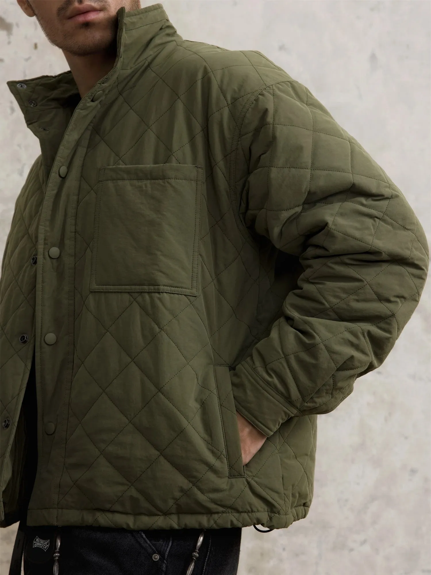 Men's Argyle Quilted Military Style Jacket with Stand Collar