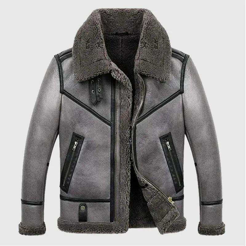 Men's B3 Bomber Aviator WWII Pilot Real Sheepskin Shearling Silver Leather Jacket