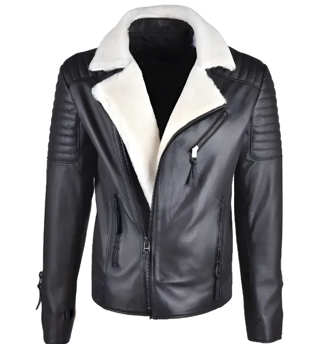 Mens Shearling Black Jacket With White Fur