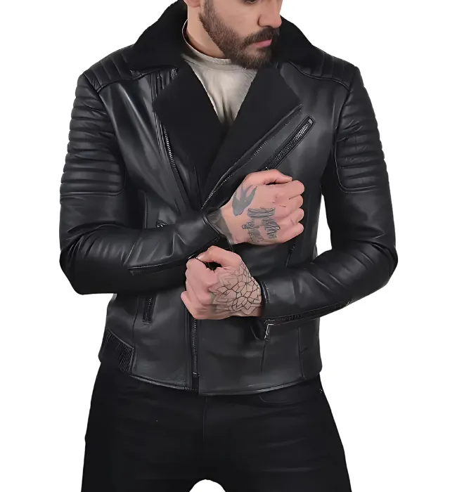 Mens Shearling Black Jacket With White Fur