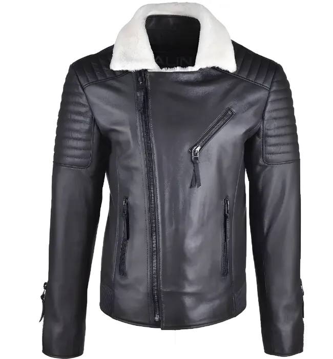 Mens Shearling Black Jacket With White Fur