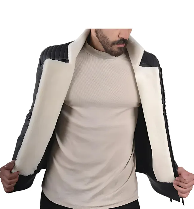 Mens Shearling Black Jacket With White Fur