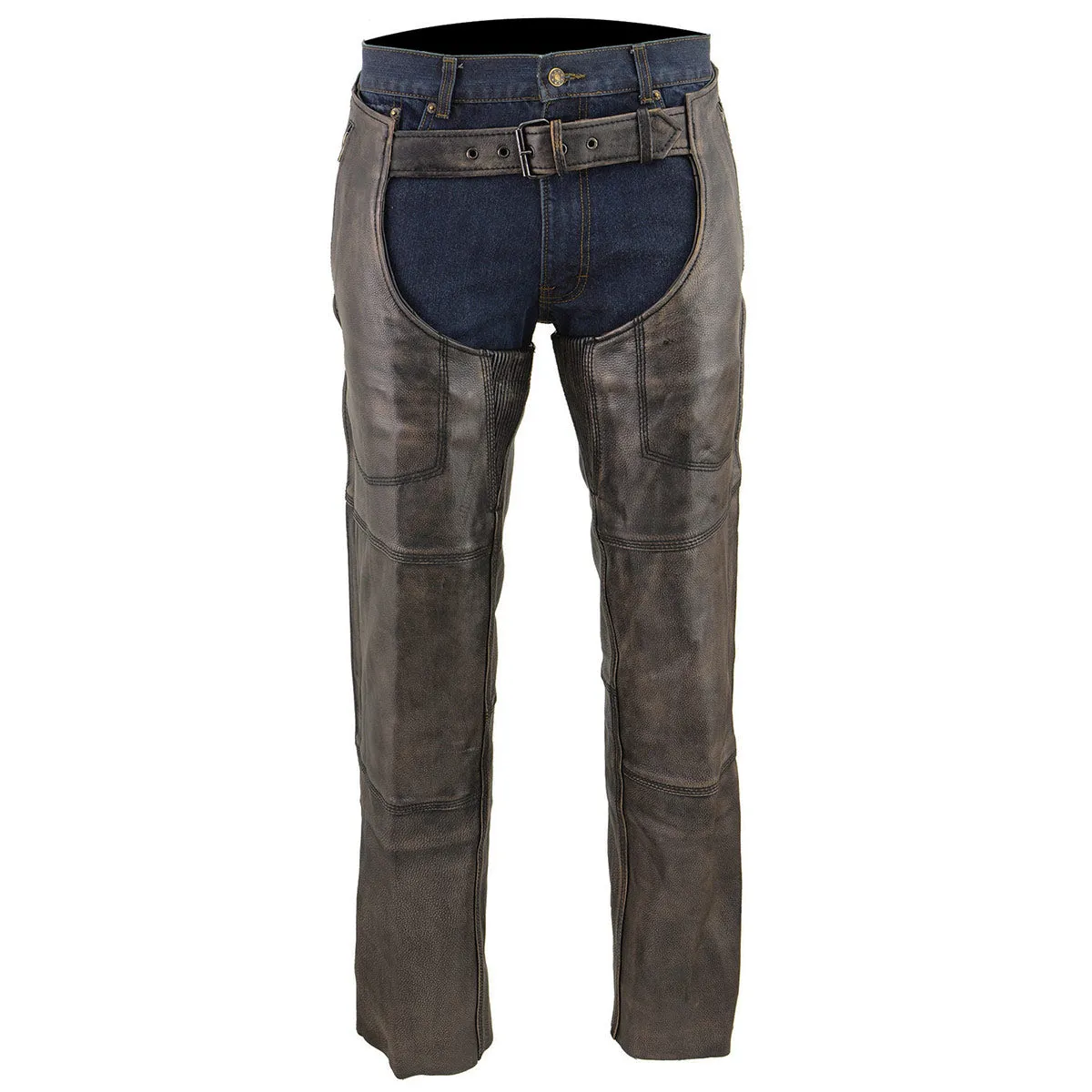 Milwaukee Leather Chaps for Men's Distressed Brown Leather Snap Out