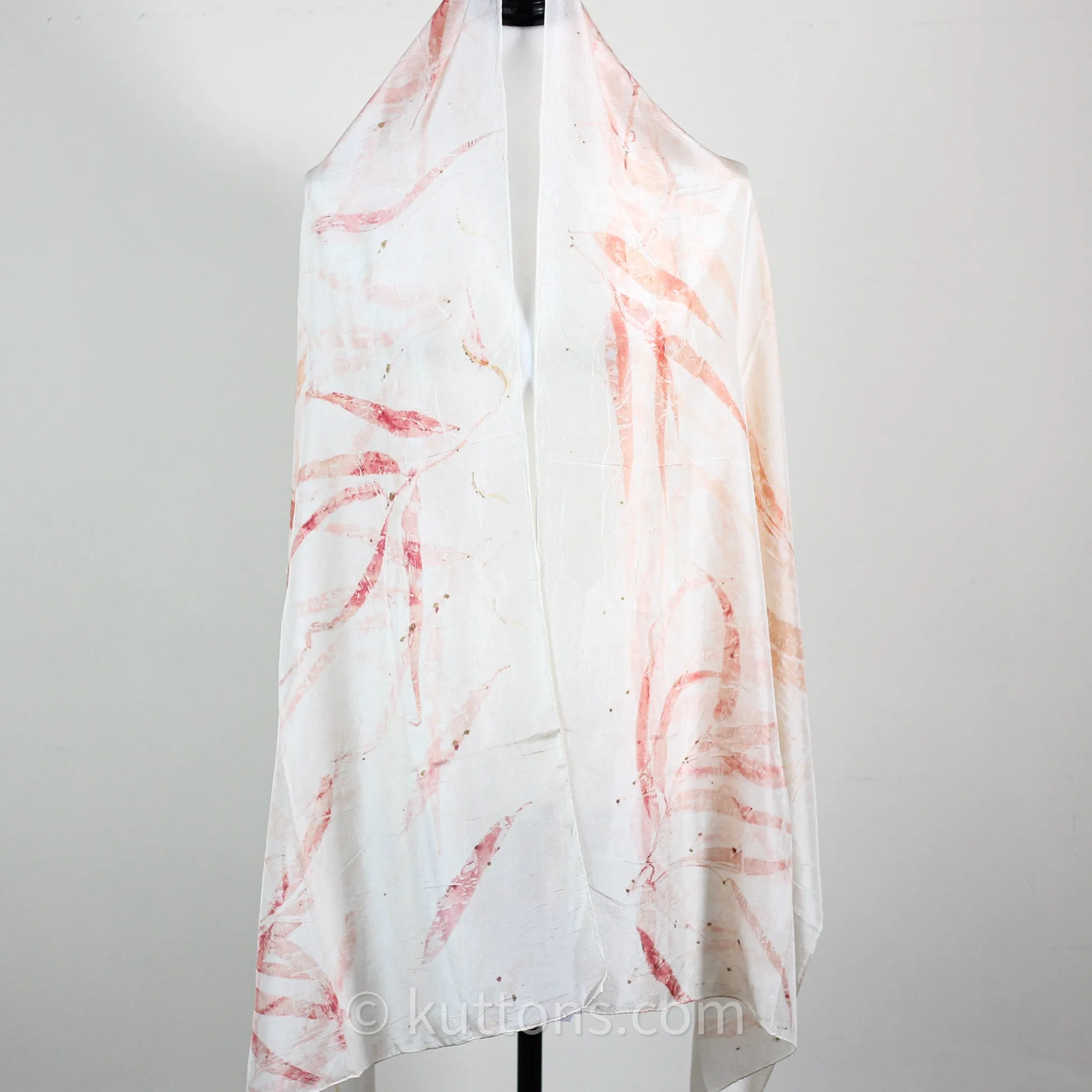 Natural Mulberry Silk Stole - Eco Printed with Red Eucalyptus Leaves, Featherweight Scarf | Pink, 21x72"