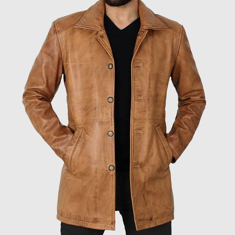 New Premium Quality Mens Camel Brown Leather Car Coat