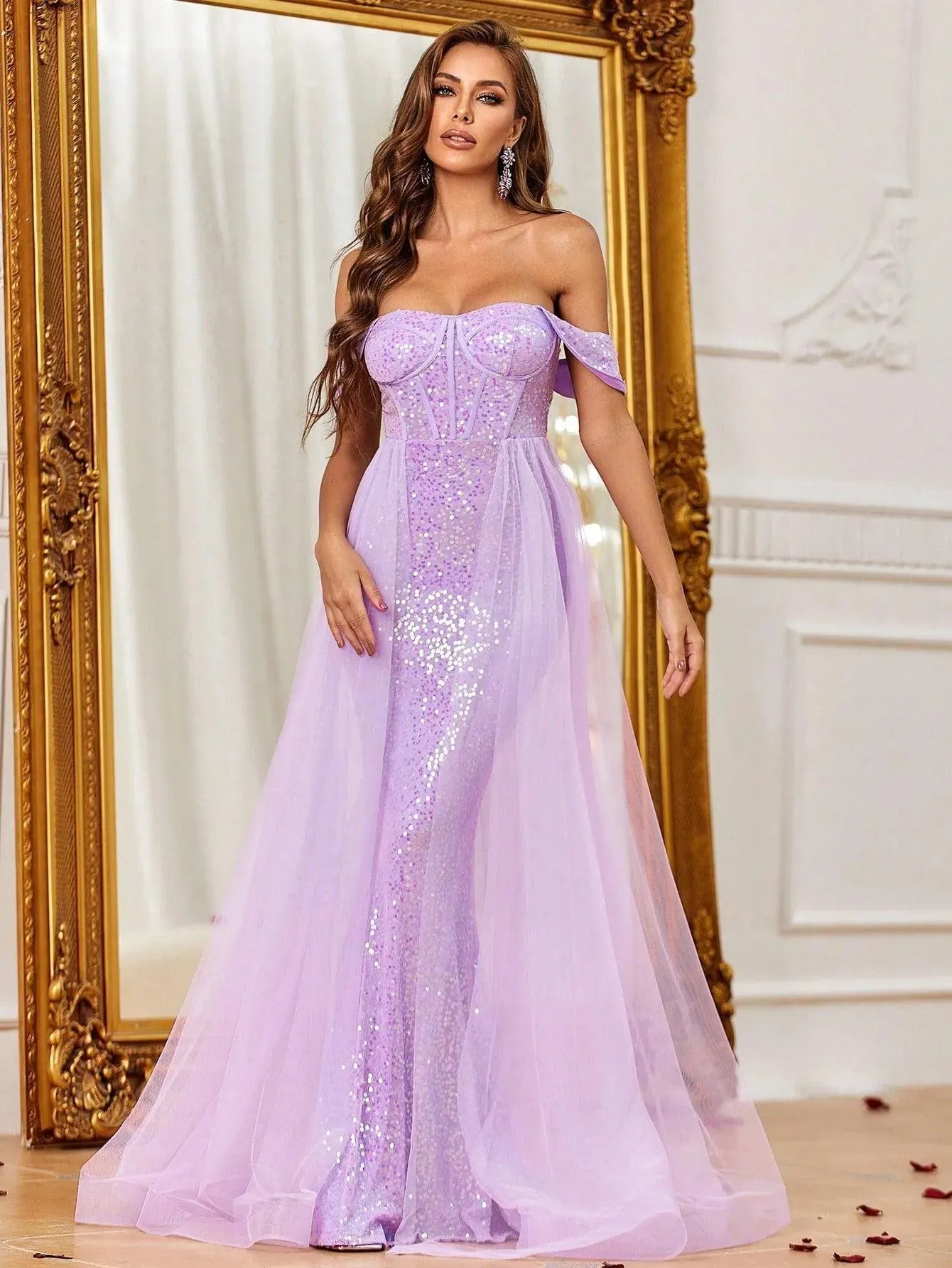 Off Shoulder Mesh Overlay Sequin Mermaid Dress