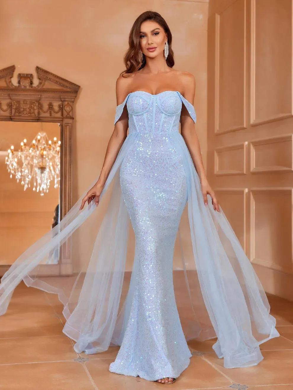 Off Shoulder Mesh Overlay Sequin Mermaid Dress