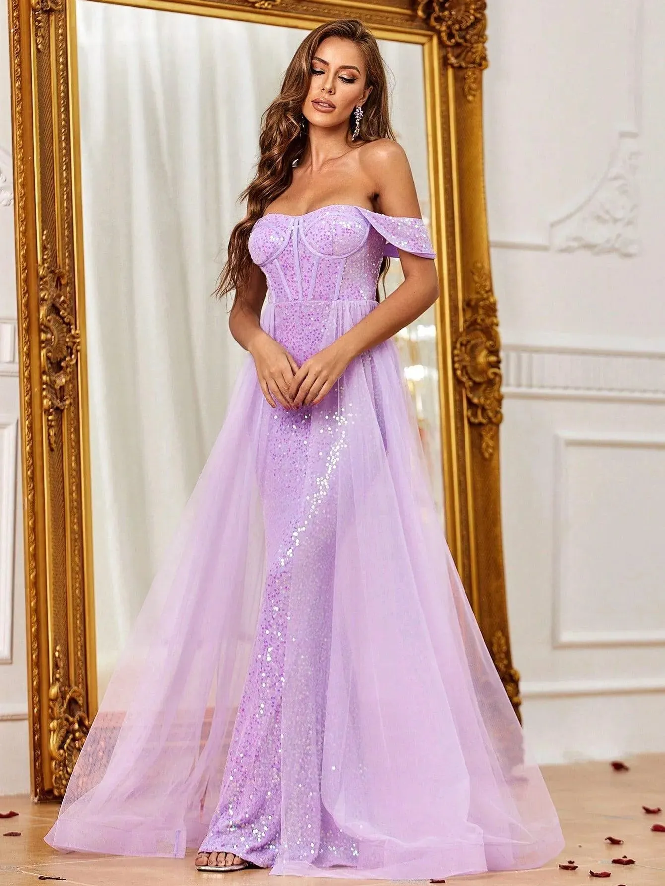 Off Shoulder Mesh Overlay Sequin Mermaid Dress