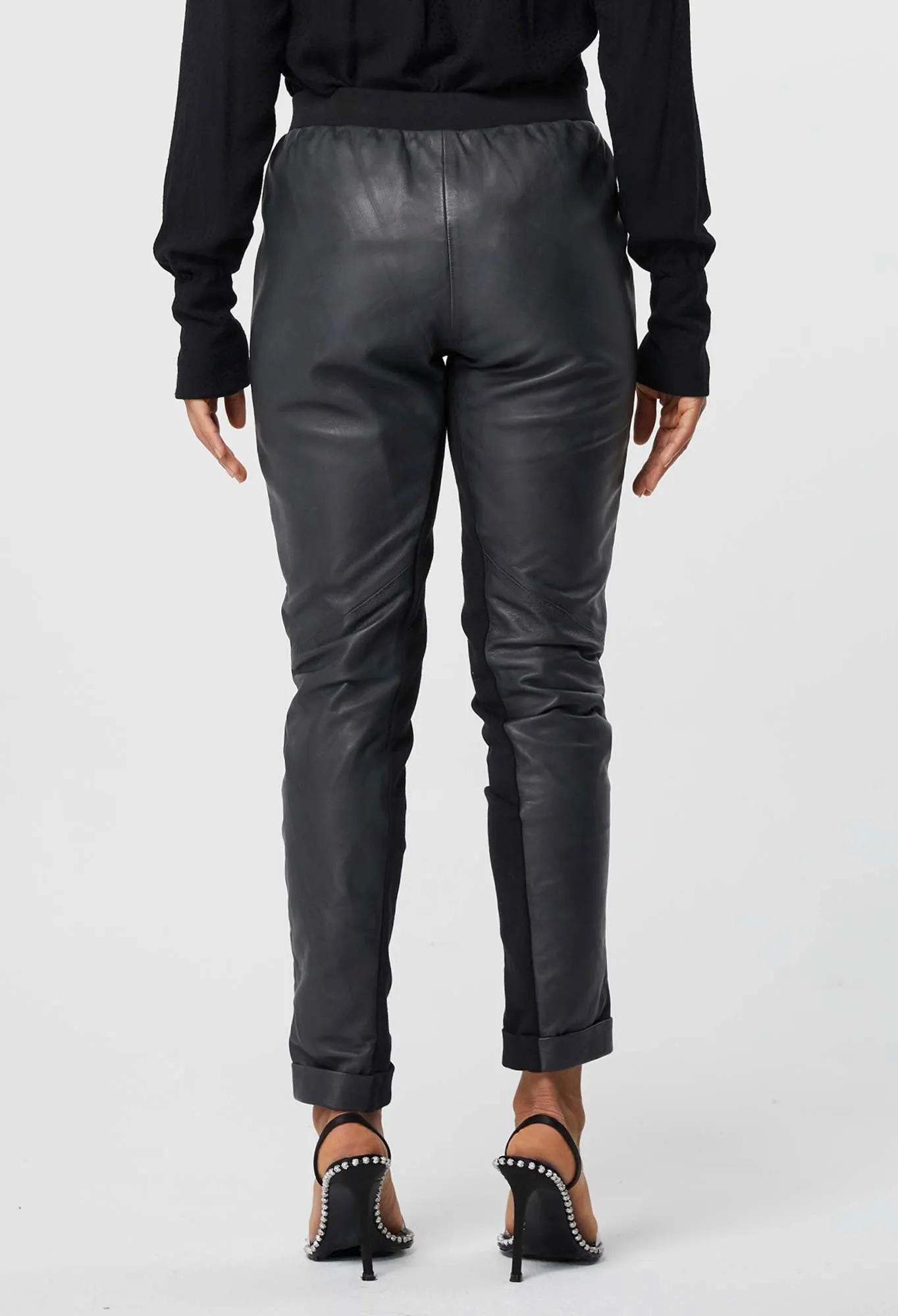 ONCE WAS LIBRERIA RELAXED LEATHER ELASTIC WAIST PANT IN BLACK