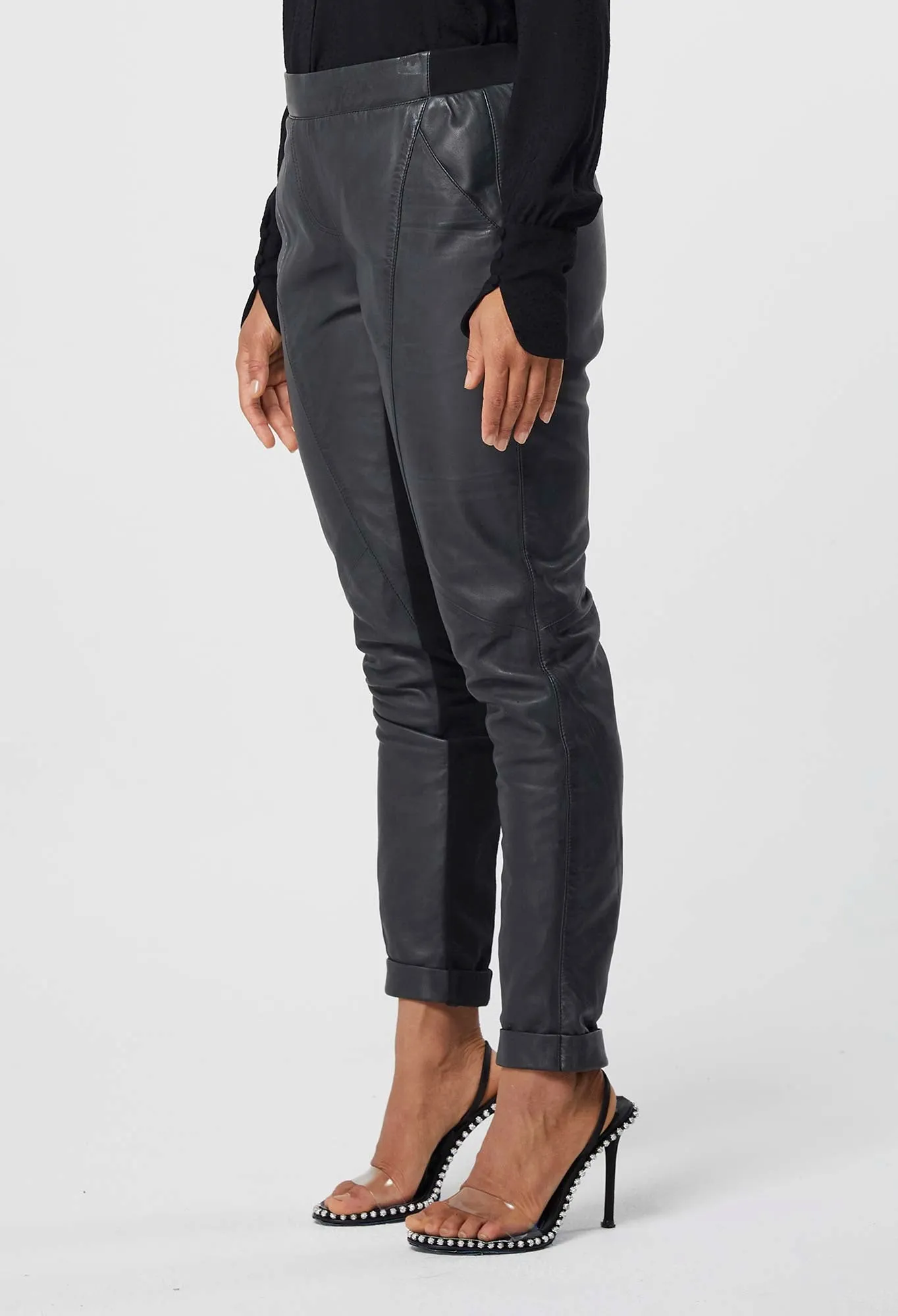 ONCE WAS LIBRERIA RELAXED LEATHER ELASTIC WAIST PANT IN BLACK