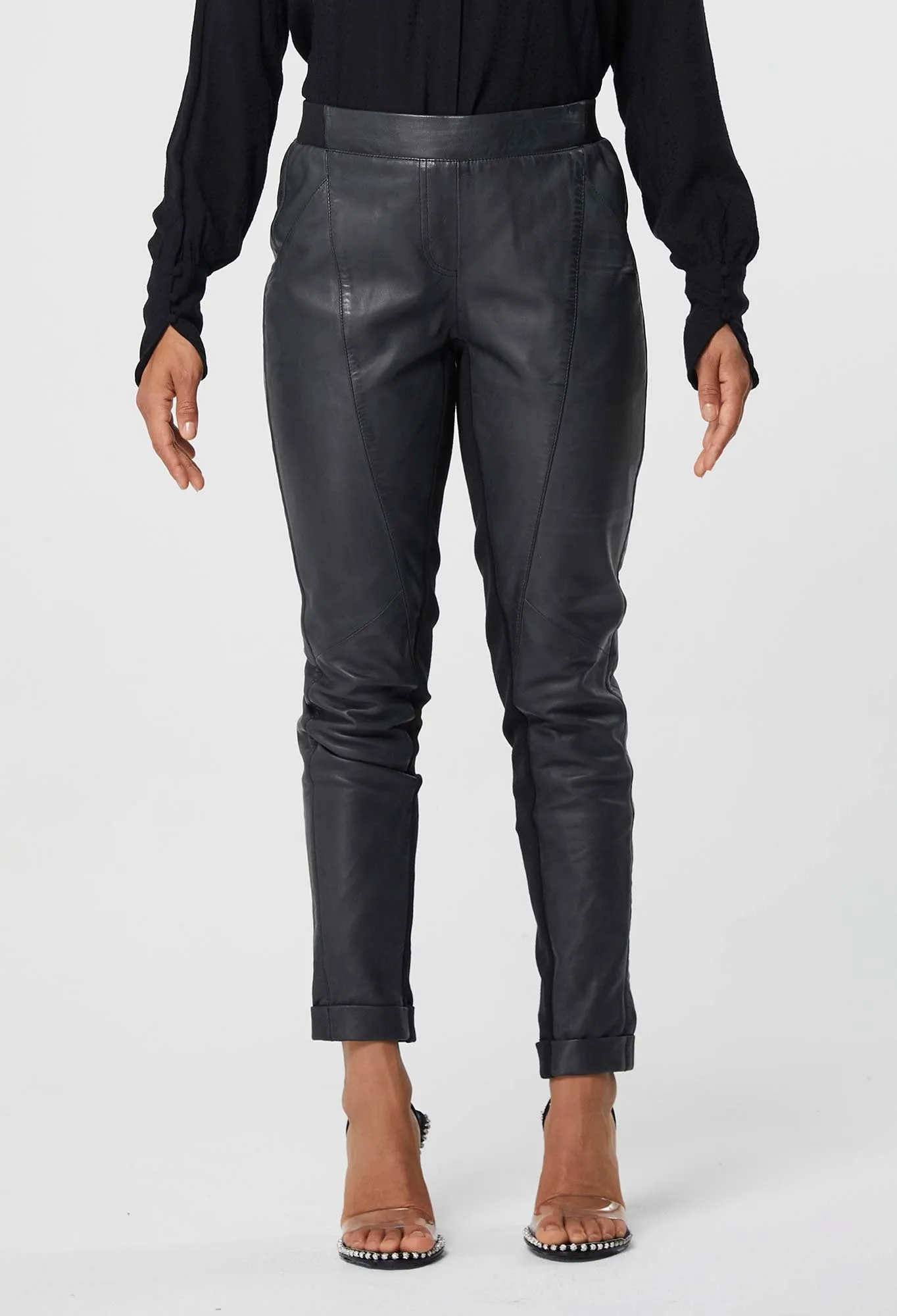 ONCE WAS LIBRERIA RELAXED LEATHER ELASTIC WAIST PANT IN BLACK