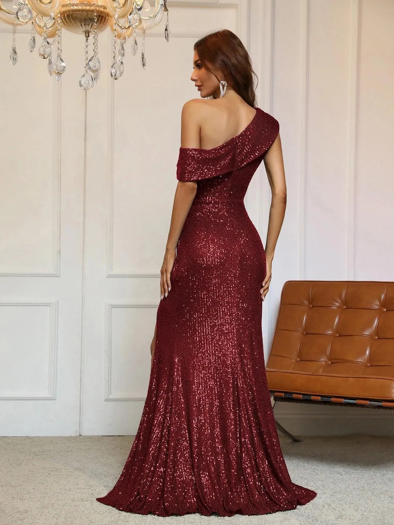 One-Shoulder Sequined Gown with Thigh-High Slit