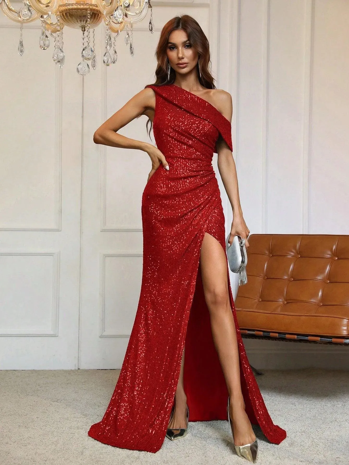 One-Shoulder Sequined Gown with Thigh-High Slit