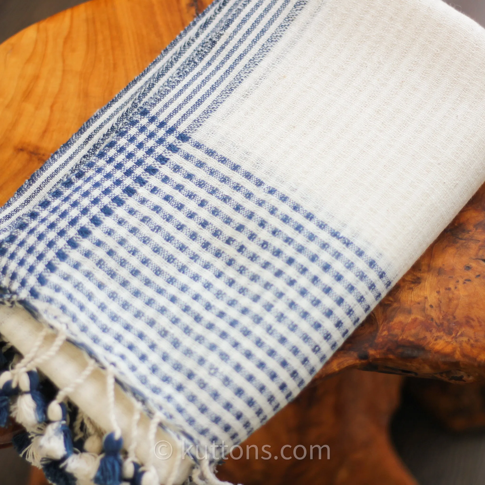 Organic Cotton Wrap, Dyed with Natural Dyes - Handspun & Handwoven by Women Weavers | White-Blue, 25x82"