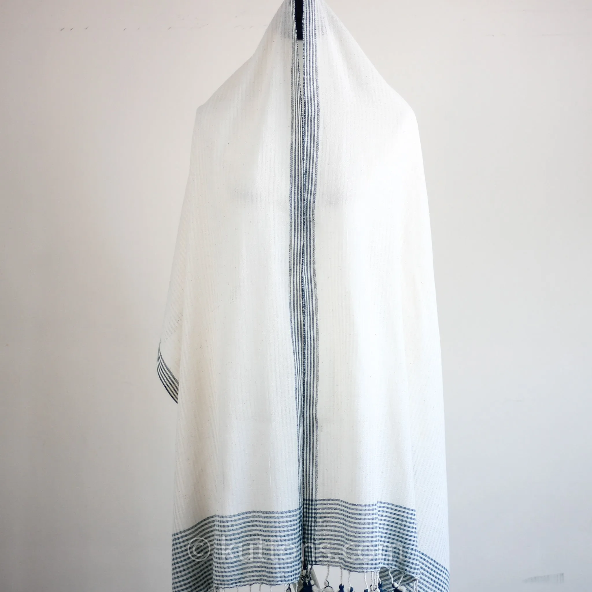 Organic Cotton Wrap, Dyed with Natural Dyes - Handspun & Handwoven by Women Weavers | White-Blue, 25x82"