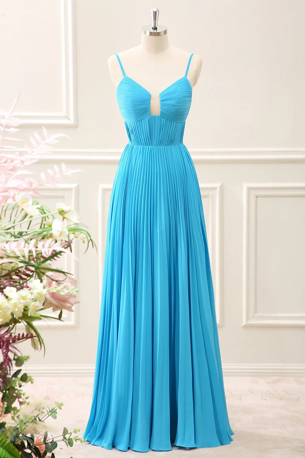 Peacock Blue Pleated A Line Maxi Dress