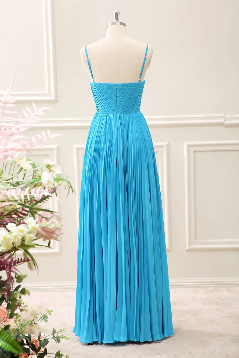 Peacock Blue Pleated A Line Maxi Dress