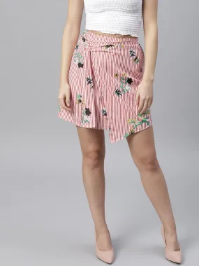 Pink Striped Floral Overlaped Skirt