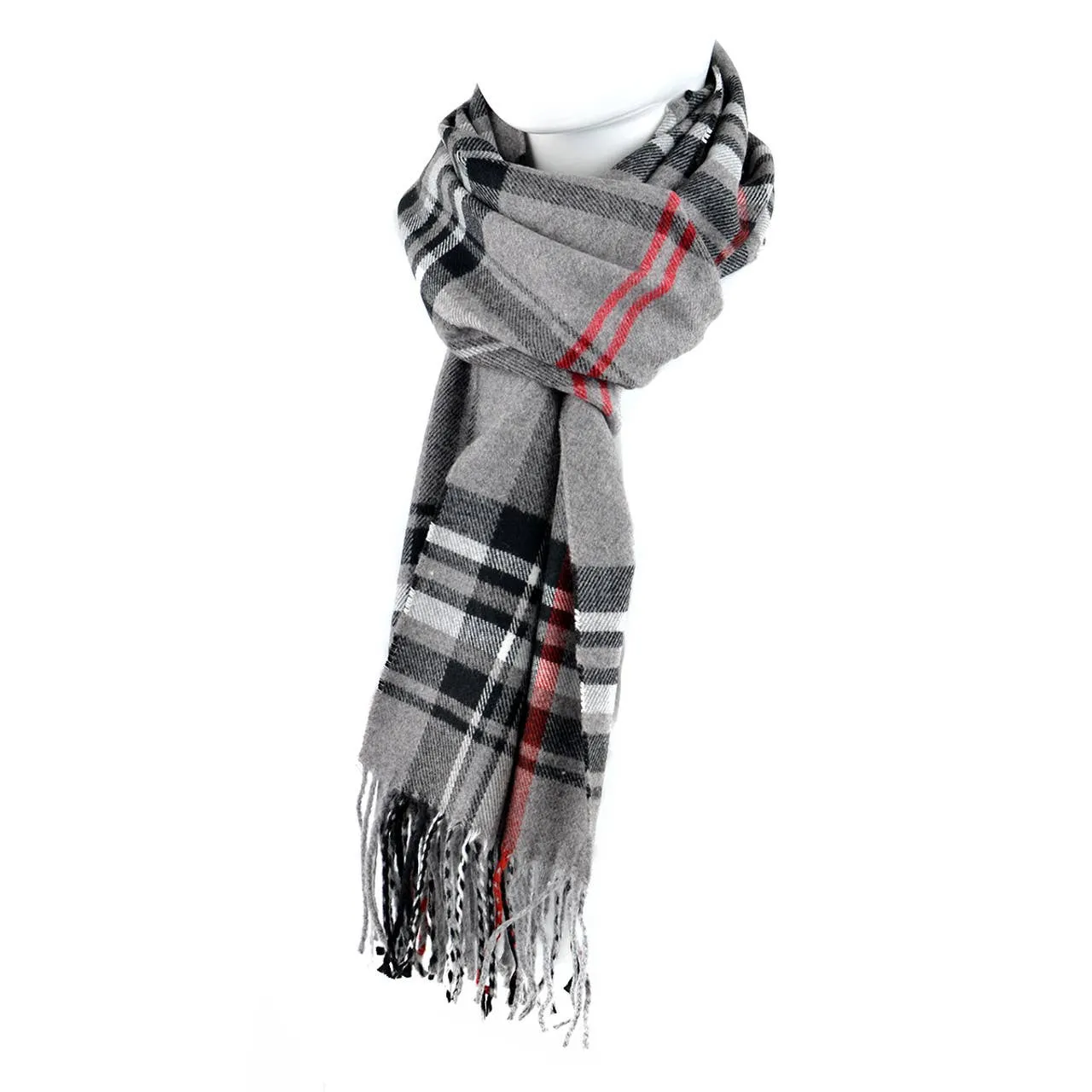 Plaid Cashmere Feel Acrylic Scarf Grey Black and Red