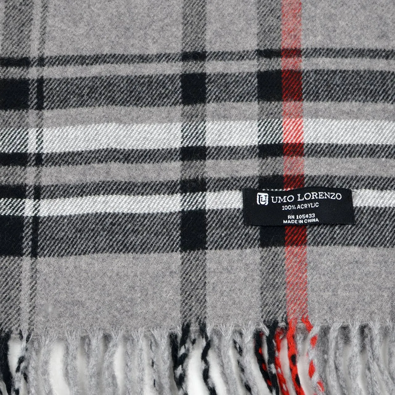 Plaid Cashmere Feel Acrylic Scarf Grey Black and Red