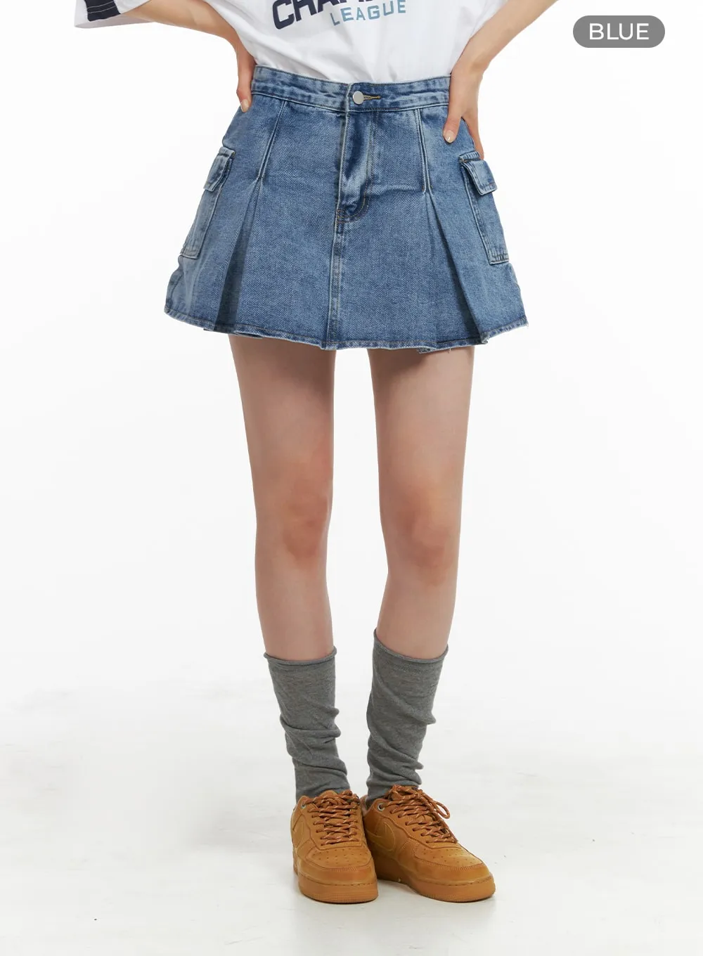 Pleated Denim Cargo Mini Skirt OM418