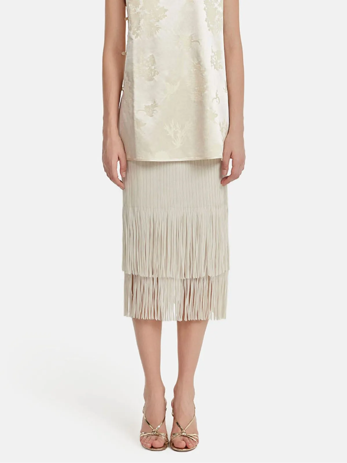 Pleated Fringe Midi Skirt