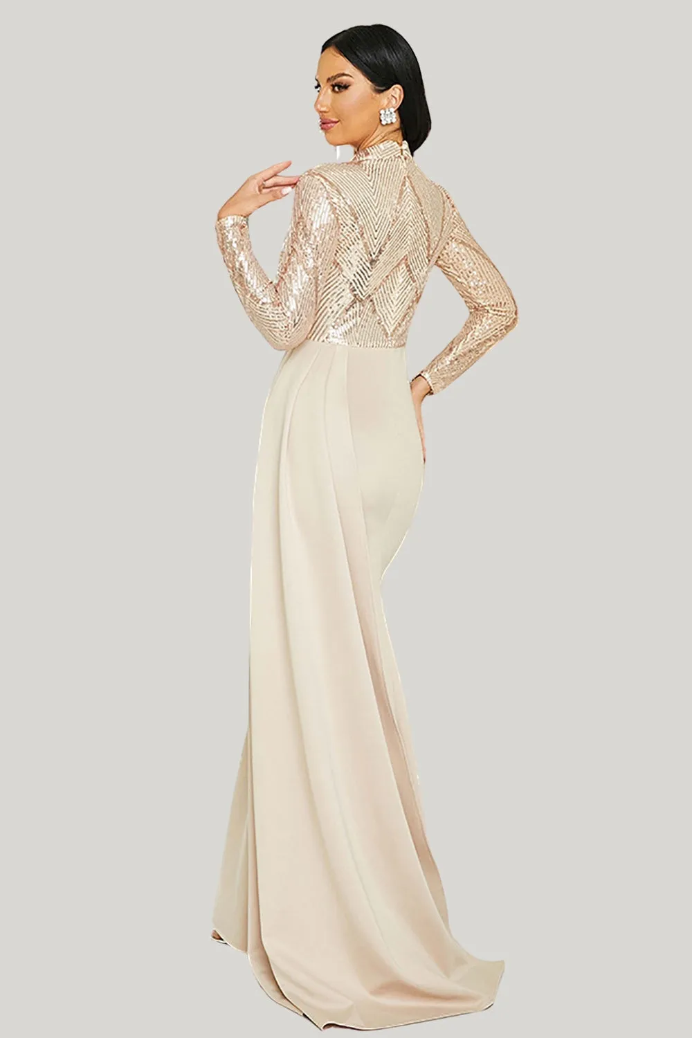 Pleated Sparkly Apricot Long Sleeves Mermaid Maxi Dress