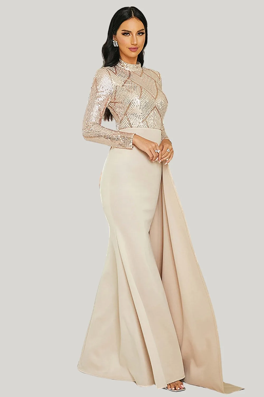 Pleated Sparkly Apricot Long Sleeves Mermaid Maxi Dress