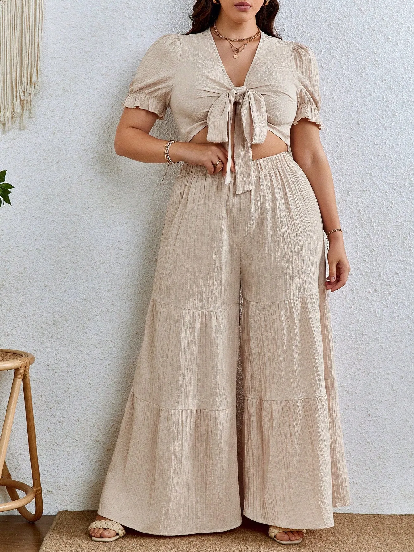 Plus Knot Front Crop Top Ruffle Hem Wide Leg Pants