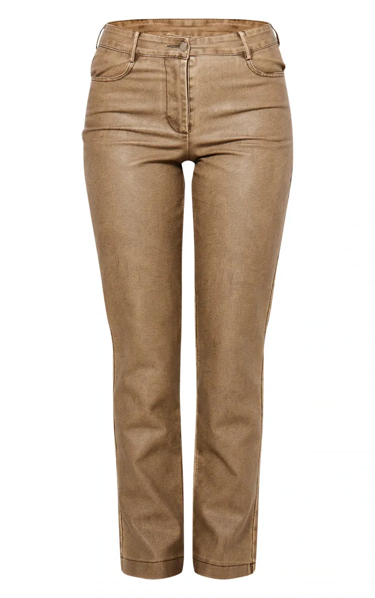 Premium Washed Light Brown Faux Leather Low Rise Straight Leg Trousers