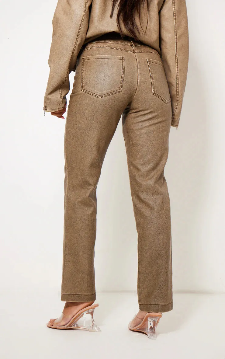 Premium Washed Light Brown Faux Leather Low Rise Straight Leg Trousers