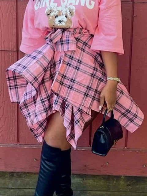 Pretty Pink Plaid Asymmetrical Handkerchief Mini Skirt