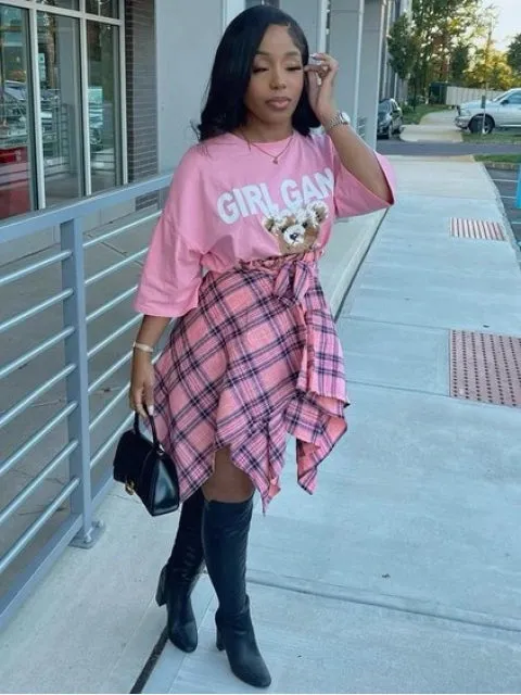 Pretty Pink Plaid Asymmetrical Handkerchief Mini Skirt