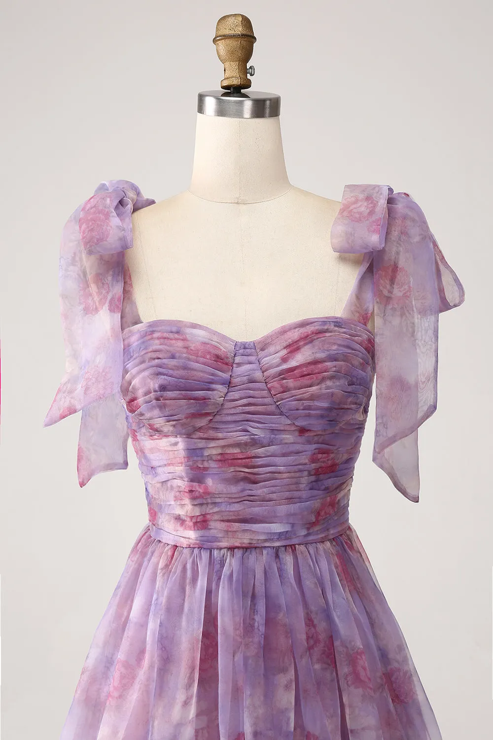 Purple Printed A Line Pleated Tea Length Dress