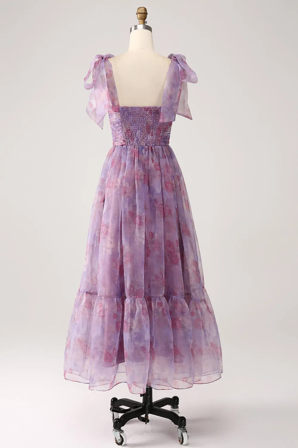 Purple Printed A Line Pleated Tea Length Dress