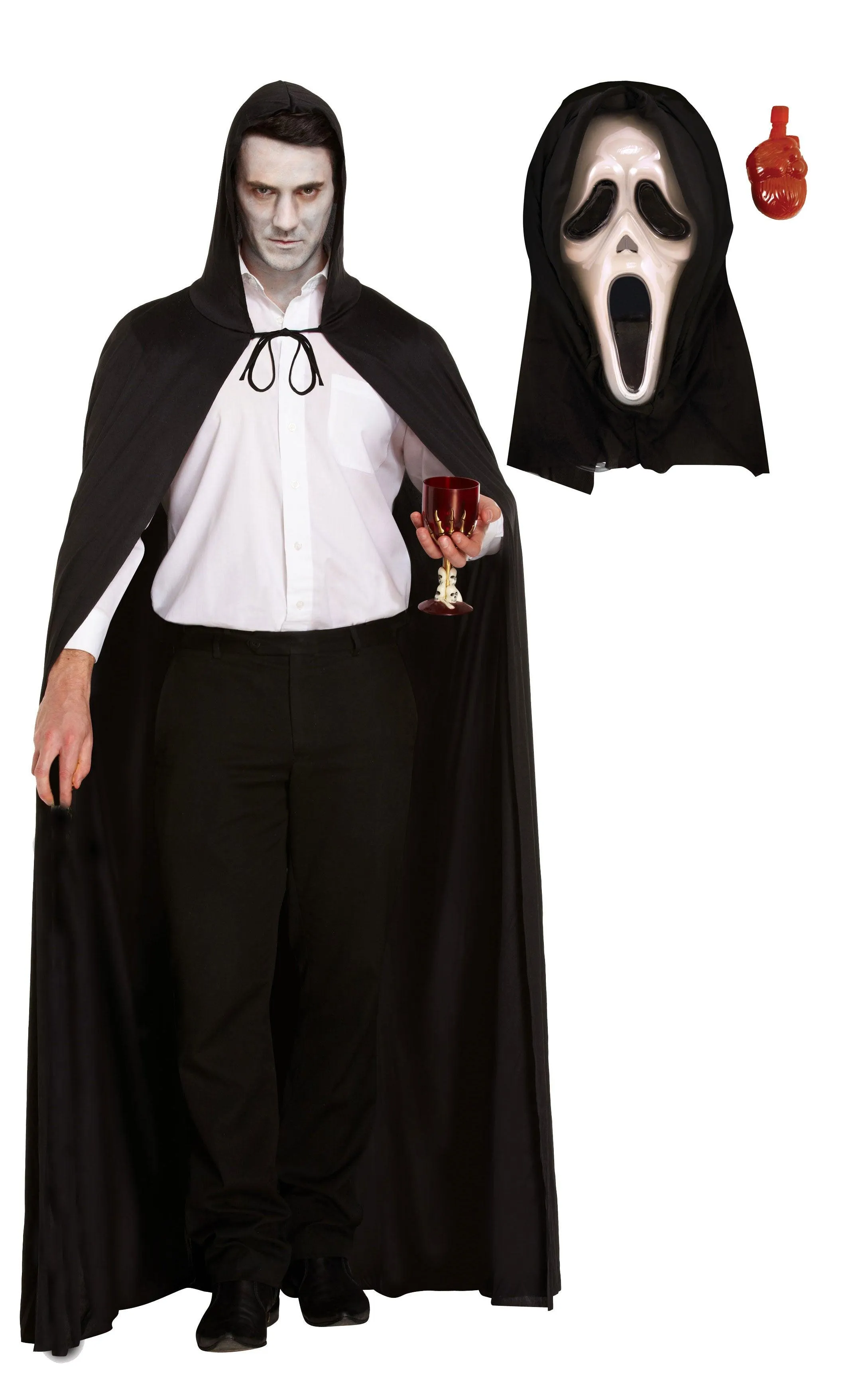 "Black Hooded Cape with Scream Bleeding Mask - Halloween Grim Reaper Fancy Dress Party Costume"